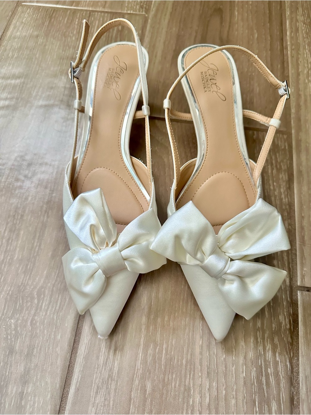Badgley Mischka Ivory Satin Pointed-Toe Slingback Heels with Bow